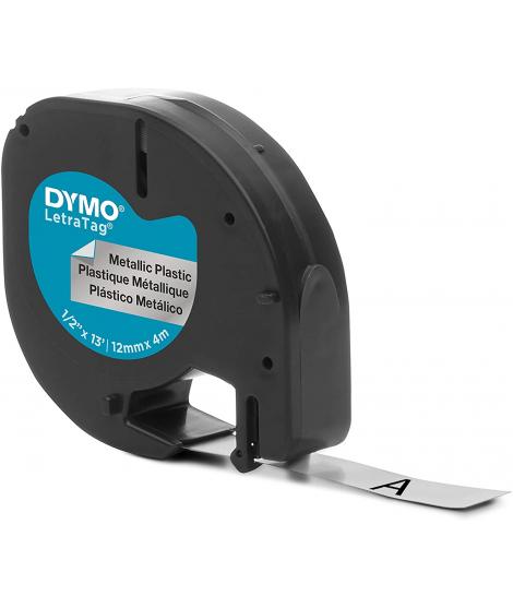 Dymo LetraTag S0721730 Cinta de Etiquetas Original para Rotuladora - Texto negro sobre fondo metalico - Ancho 12mm x 4 metros