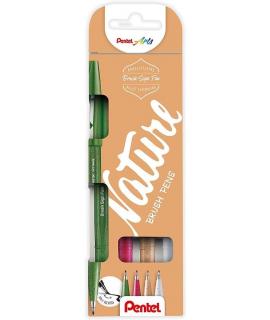 Pentel Brush Sing Pen Nature Pack de 4 Rotuladores con Punta de Pincel - Lineas Finas o Gruesas dependiendo de la Presion - Fabr