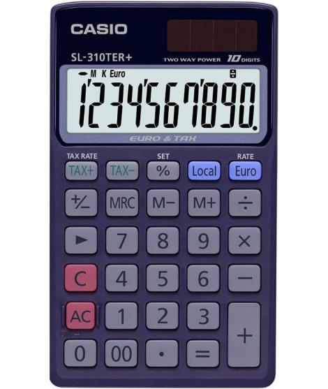 Casio SL-310TER+ Calculadora de Bolsillo - Pantalla LC Extragrande de 10 Digitos - Funcion Conversor de Euros - Color Azul Oscur