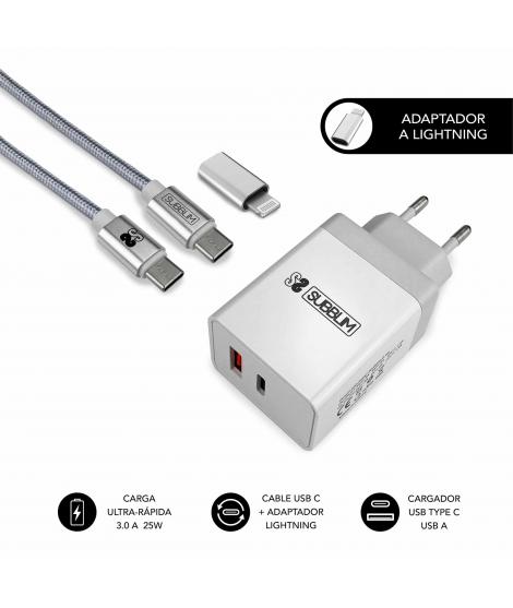 Subblim Cargador de Pared 25W - 2 Puertos (USB C + USB A) - Carga ultra rápida - Cable USB C de altas prestaciones - Exterior de