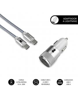 Subblim Cargador Coche Dual PD20W+QC3.0+C to C/Lightning cable - 20W - Carga rápida simultánea - Cable USB C reversible - Color 