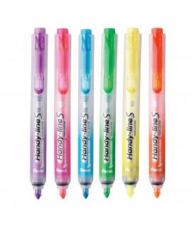 Pentel Handy Line S Pack de 6 Marcadores Fluorescentes Retractiles - Tinta Liquida - Trazo de 1.6 a 3mm - Formato Fino con Clip 