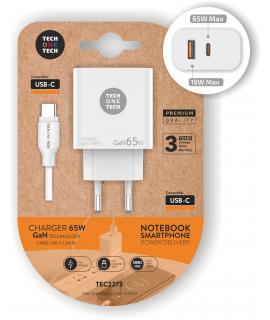 TechOneTech Cargador de Pared GaN PD 3.0 65W - Para Portatiles y Smartphones - Cable USB-C a USB-C 1m