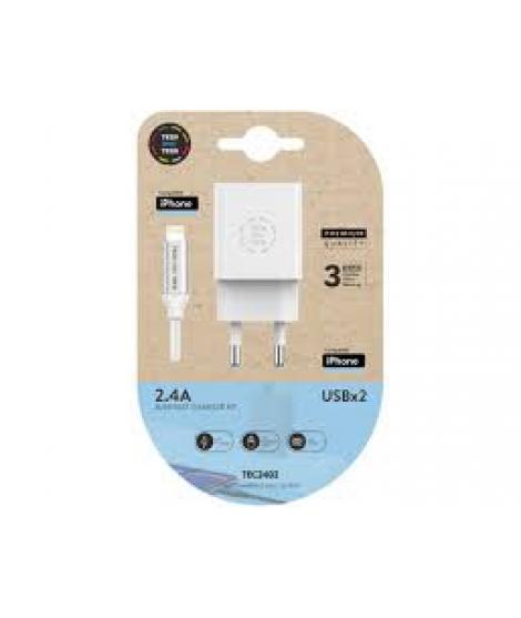 TechOneTech Cargador Doble de Pared + Cable USB-A a Lightning 1m - Recubierto de Nylon Trenzado