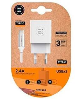 TechOneTech Cargador Doble de Pared + Cable USB-A a USB-C 1m - Recubierto de Nylon Trenzado