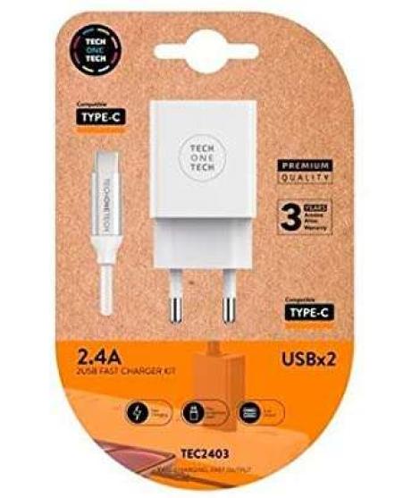 TechOneTech Cargador Doble de Pared + Cable USB-A a USB-C 1m - Recubierto de Nylon Trenzado