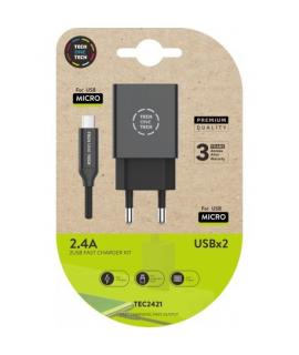 TechOneTech Cargador Doble de Pared + Cable USB-A a Micro-USB 2.4 1m - Recubierto de Nylon Trenzado