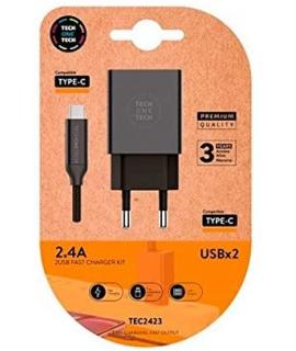 TechOneTech Cargador Doble de Pared + Cable USB-A a USB-C 1m - Recubierto de Nylon Trenzado