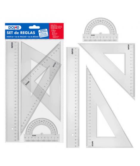 Dohe Set de Reglas - Regla, Escuadra, Cartabon y Transportador - Plastico Inyectado Transparente Cristal - Cantos Biselados y co