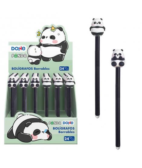 Dohe Expositor de 24 Boligrafos Tinta Borrable - Cuerpo Plastico Color - Tapa Decorada Motivos Panda - Punta Bola Metalica 1mm -