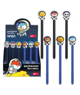 Dohe Expositor de 24 Boligrafos Tinta Borrable - Cuerpo Plastico Color - Tapa Decorada Astronautas-Animales - Punta Bola Metalic