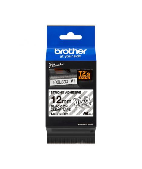 Brother TZeS131 Cinta Laminada Super Adhesiva Original de Etiquetas - Texto negro sobre fondo transparente - Ancho 12mm x 8 metr