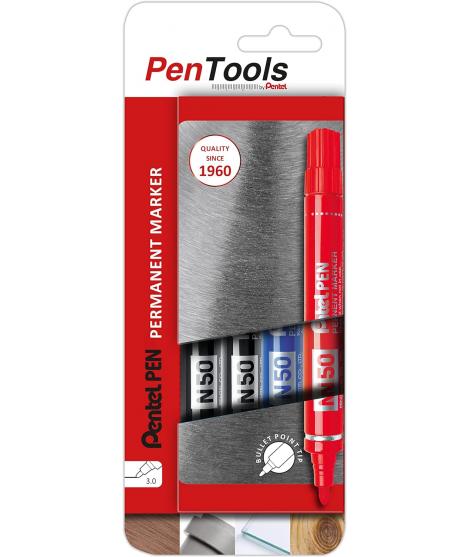 Pentel PenTools Pack de 4 Rotuladores Permanentes Industriales Pentel Pen N50 - Punta Conica Resistente y Duradera - Trazo 2mm -
