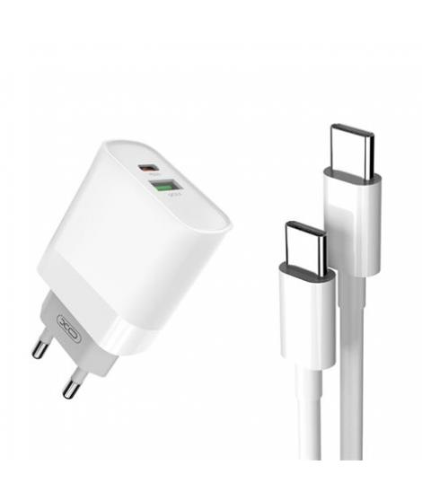 XO L64 Pack Cargador de Corriente 1x USB-A, 1x USB-C 18W Carga Rapida 3.0 + Cable USB-C a USB-C 1m