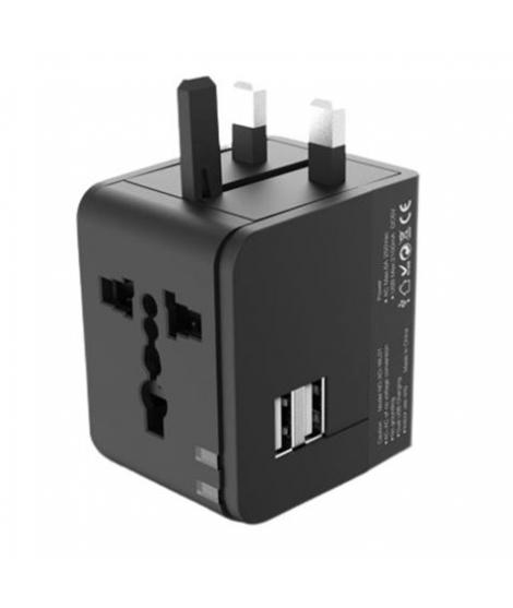 XO Adaptador de Viaje Universal - Voltaje 110V-240V - 2 Puertos USB 2.1Amp - Conexiones para UK, EU, AU, US - Color Negro