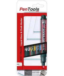 Pentel PenTools Pack de 4 Rotuladores de Tiza Liquida Wet Erase - Punta Biselada Reversible 2-4mm - Resistente a la Intemperie s