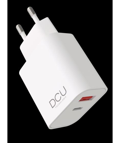 DCU Tecnologic Cargador USB Tipo C PD 20W + USB QC 3.0 18W - Carga Rapida - Potente y Versatil - Color Blanco