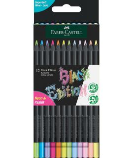 Faber-Castell Black Edition Pack de 12 Lapices de Colores Neon+Pastel - Mina Supersuave - Madera Negra - Ideales para Dibujo sob