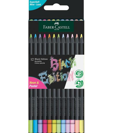 Faber-Castell Black Edition Pack de 12 Lapices de Colores Neon+Pastel - Mina Supersuave - Madera Negra - Ideales para Dibujo sob