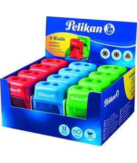Pelikan Expositor de 12 Sacapuntas V-Blade Doble Orificio + Deposito - Dos Orificios y Deposito - Disponible en Azul, Rojo y Ver