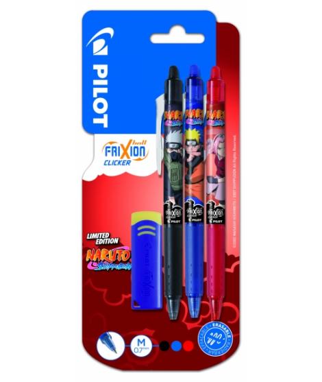 Pilot Frixion Clicker Naruto Shippuden Pack de 3 Boligrafos de Gel Retractil Borrable + Borrador - Punta de Bola 0.7mm - Trazo 0