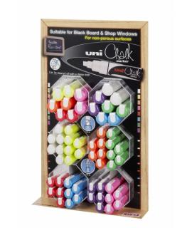 Uni-ball PWE-5M/8K Expositor de 60 Marcadores de Tiza Liquida - Punta Biselada 8mm - Borrado en Humedo - Resistente a la Lluvia 