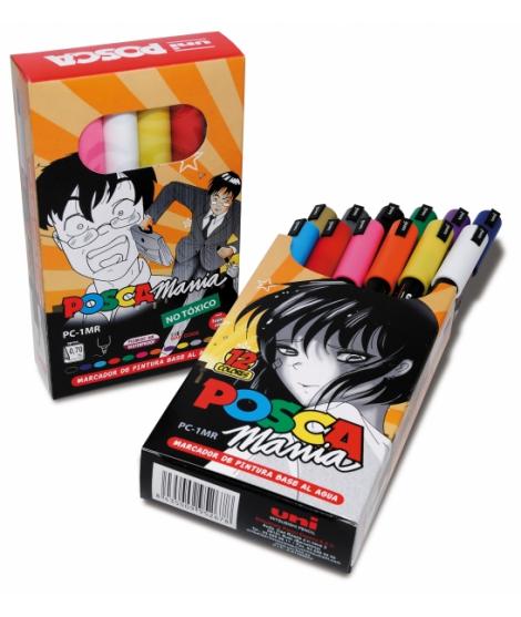 Posca PC-1MR/12P Estuche de 12 Marcadores de Pintura - Punta Roller de Fibra 0.7mm - Tinta Base al Agua - Resistente a la Luz - 