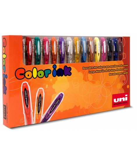 Uni-ball UM-120 Signo Estuche de 15 Rollers de Tinta Gel - Punta de Bola 0.7mm - Tinta Resistente al Agua y Luz - Color Surtido