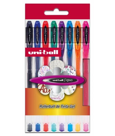Uni-ball UM-120 Estuche de 8 Boligrafos de Tinta Gel - Punta de Bola 0.7mm - Tinta Resistente al Agua y Luz - Color Surtido