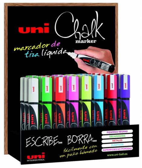 Uni-ball PWE-5M/3D Expositor de 36 Marcadores de Tiza Liquida - Punta Conica 1.8-2.5mm - Borrado en Humedo - Resistente a la Llu