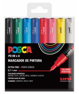Posca PC1M Estuche de 8 Marcadores de Pintura - Punta Conica 0.7mm - Tinta Base al Agua - No Permanente - Resistente a la Luz - 