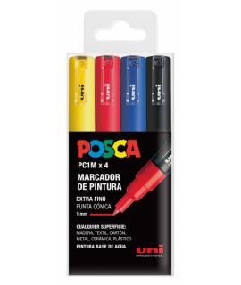 Posca PC1M/4C Estuche de 4 Marcadores de Pintura - Punta Conica 0.7mm - Tinta Base al Agua - No Permanente - Resistente a la Luz