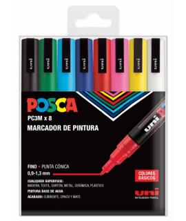 Posca PC-3M Estuche de 8 Marcadores de Pintura - Punta Conica de Poliester 0.9-1.3mm - Tinta Base al Agua - No Permanente - Resi