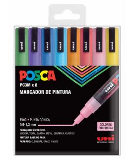 Posca PC-3M/8C Estuche de 8 Marcadores de Pintura - Punta Conica de Poliester 0.9-1.3mm - Tinta Base al Agua - Resistente a la L