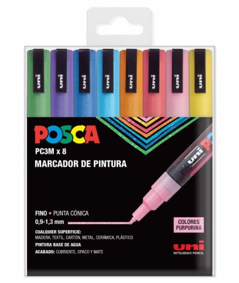 Posca PC-3M/8C Estuche de 8 Marcadores de Pintura - Punta Conica de Poliester 0.9-1.3mm - Tinta Base al Agua - Resistente a la L