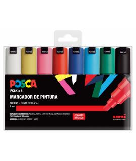 Posca PC-8K/8C Estuche de 8 Marcadores de Pintura - Punta Biselada Acrilica 8mm - Tinta Base al Agua - Resistente a la Luz - Col