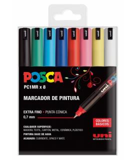 Posca PC1MR/8C Estuche de 8 Marcadores de Pintura - Punta Roller de Fibra 0.7mm - Tinta Pigmentada Base al Agua - Resistente a l