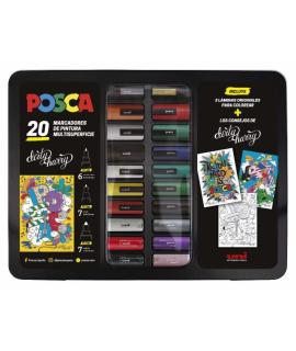 Posca Maleta Metalica con 20 Marcadores de Pintura - Surtido en Color y Trazo - Punta de Poliester - Tinta Pigmentada Base Agua 