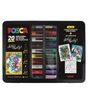 Posca Maleta Metalica con 20 Marcadores de Pintura - Surtido en Color y Trazo - Punta de Poliester - Tinta Pigmentada Base Agua 