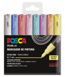 Posca PC1M/8C Estuche de 8 Marcadores de Pintura - Punta Conica 0.7mm - Tinta Base al Agua - No Permanente - Resistente a la Luz