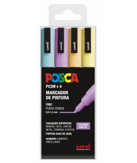 Posca PC-3M Estuche de 4 Marcadores de Pintura - Punta Conica de Poliester 0.9-1.3mm - Tinta Base al Agua - No Permanente - Resi