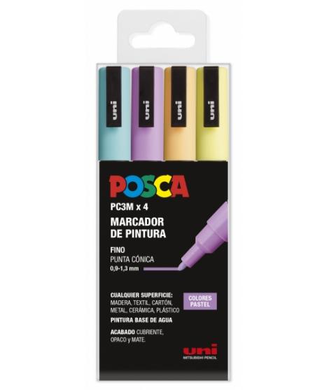 Posca PC-3M Estuche de 4 Marcadores de Pintura - Punta Conica de Poliester 0.9-1.3mm - Tinta Base al Agua - No Permanente - Resi