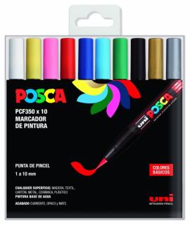 Posca PCF-350/10C Estuche de 10 Marcadores de Pintura Base al Agua - Punta Acrilica Estilo Pincel - No Permanente - Resistente a
