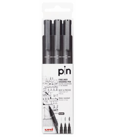Uni-ball PIN-200(S) Pack de 3 Rotuladores Calibrados - Punta Poliacetal - Tinta Pigmentada Resistente al Agua y Luz - Ideal para