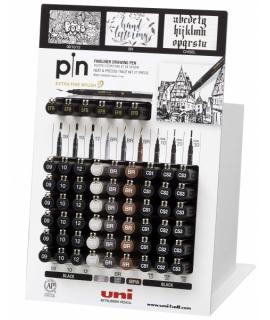 Uni-ball PIN-200(S) Expositor de 60 Rotuladores Calibrados - Punta Poliacetal - Tinta Pigmentada Resistente al Agua y Luz - Colo