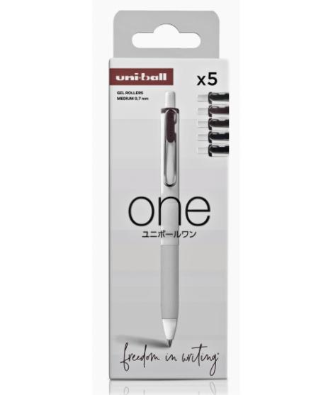 Uni-ball ONE UMN-S-07 Pack de 5 Boligrafos de Tinta Liquida - Punta de Bola 0.7mm - Escritura Ultra Fluida - Agarre Suave y Como