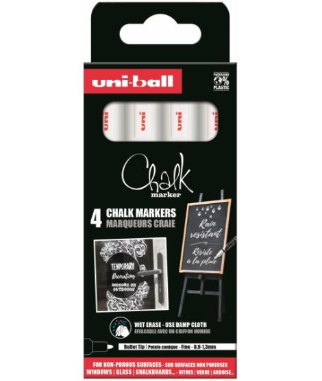 Uni-ball PWE 5M Pack de 4 Marcadores de Tiza Liquida - Punta Conica 1.8-2.5mm - Borrado en Humedo - Resistente a la Lluvia y Ext