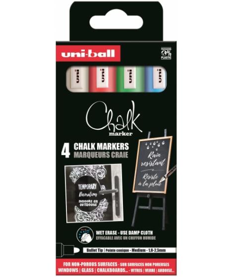 Uni-ball PWE-5M Pack de 4 Marcadores de Tiza Liquida - Punta Conica 1.8-2.5mm - Borrado en Humedo - Resistente a la Lluvia - Col