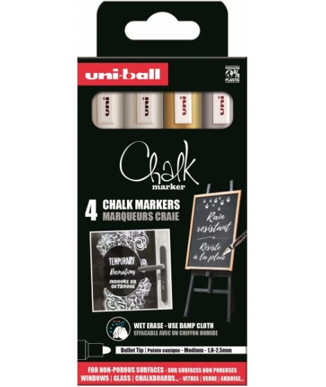 Uni-ball PWE-5M Pack de 4 Marcadores de Tiza Liquida - Punta Conica 1.8-2.5mm - Borrado en Humedo - Resistente a la Lluvia y Ext