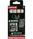 Uni-ball Chalk PWE-5M Pack de 4 Marcadores de Tiza Liquida - Punta Conica 1.8-2.5mm - Borrado en Humedo - Resistente a la Lluvia